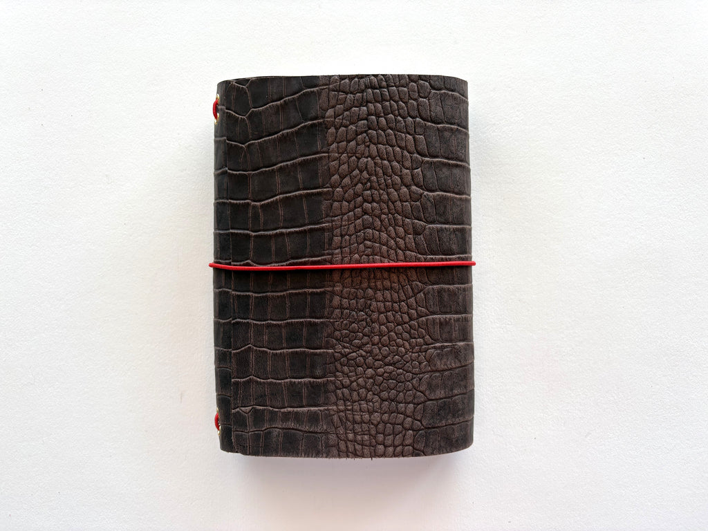 Brown Crocodile Leather + Red Cord A5 Bifold