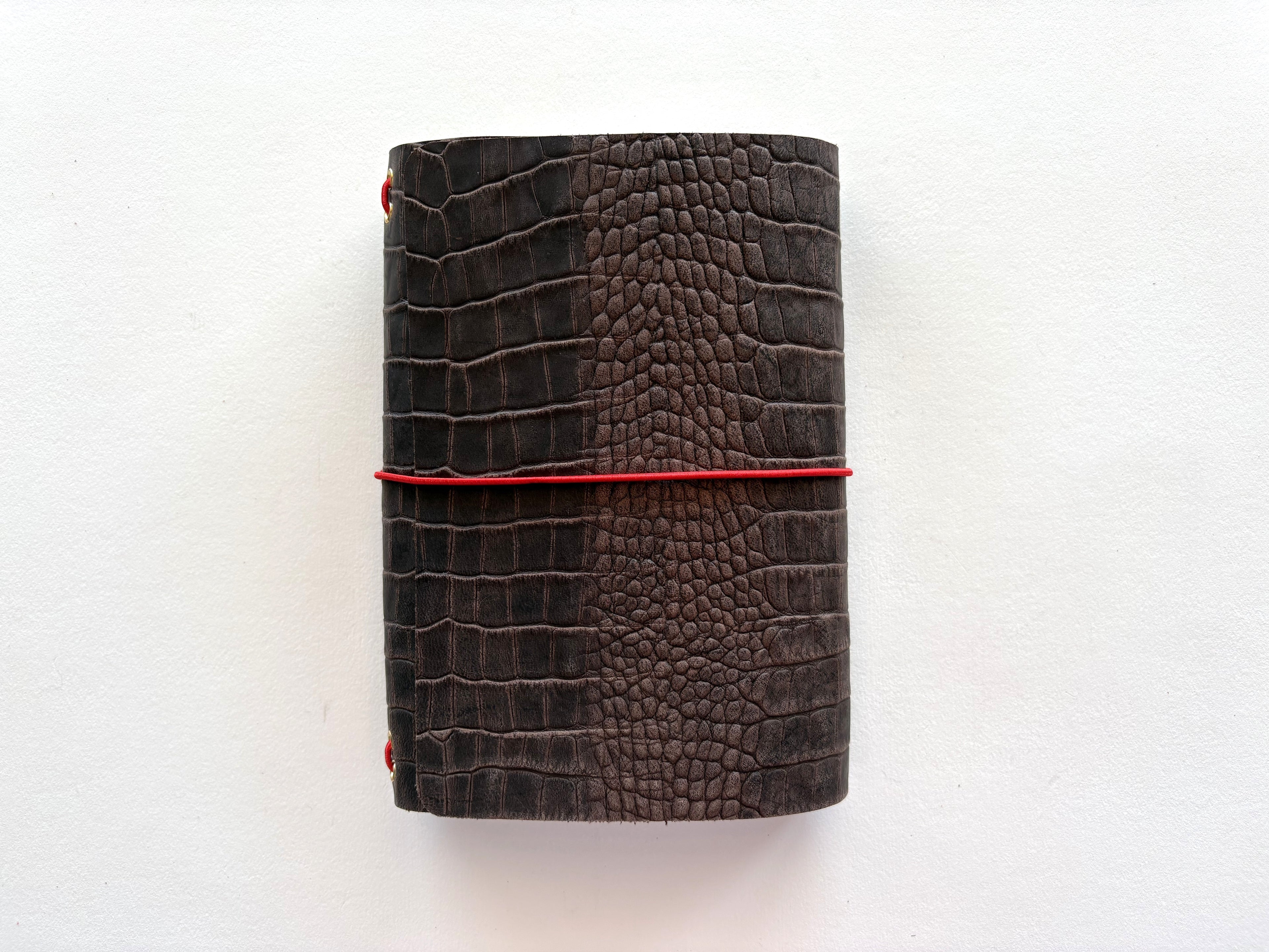 Brown Crocodile Leather + Red Cord A5 Bifold