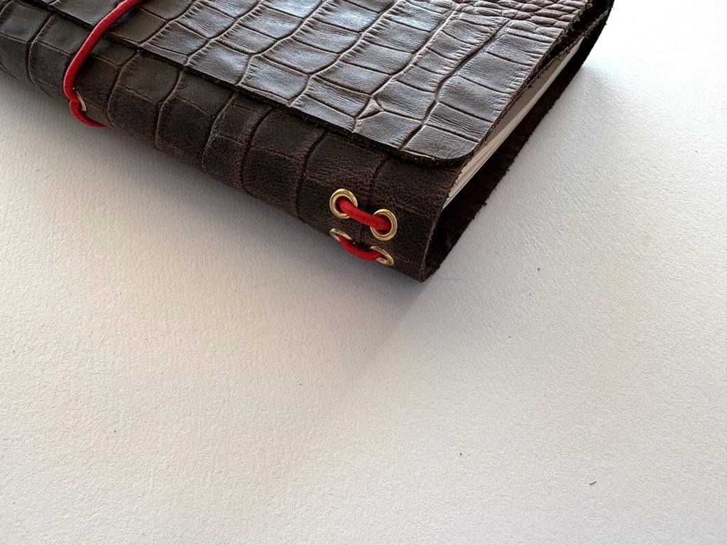 Brown Crocodile Leather + Red Cord A5 Bifold