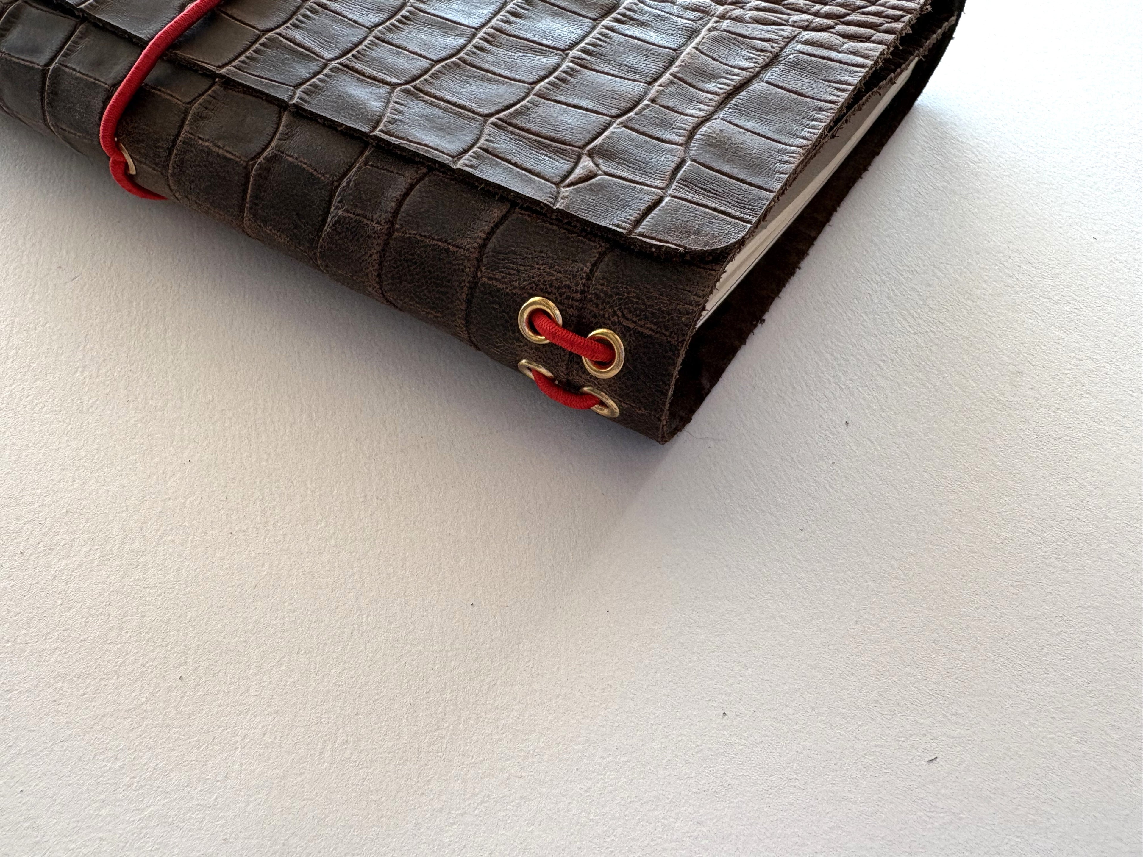 Brown Crocodile Leather + Red Cord A5 Bifold