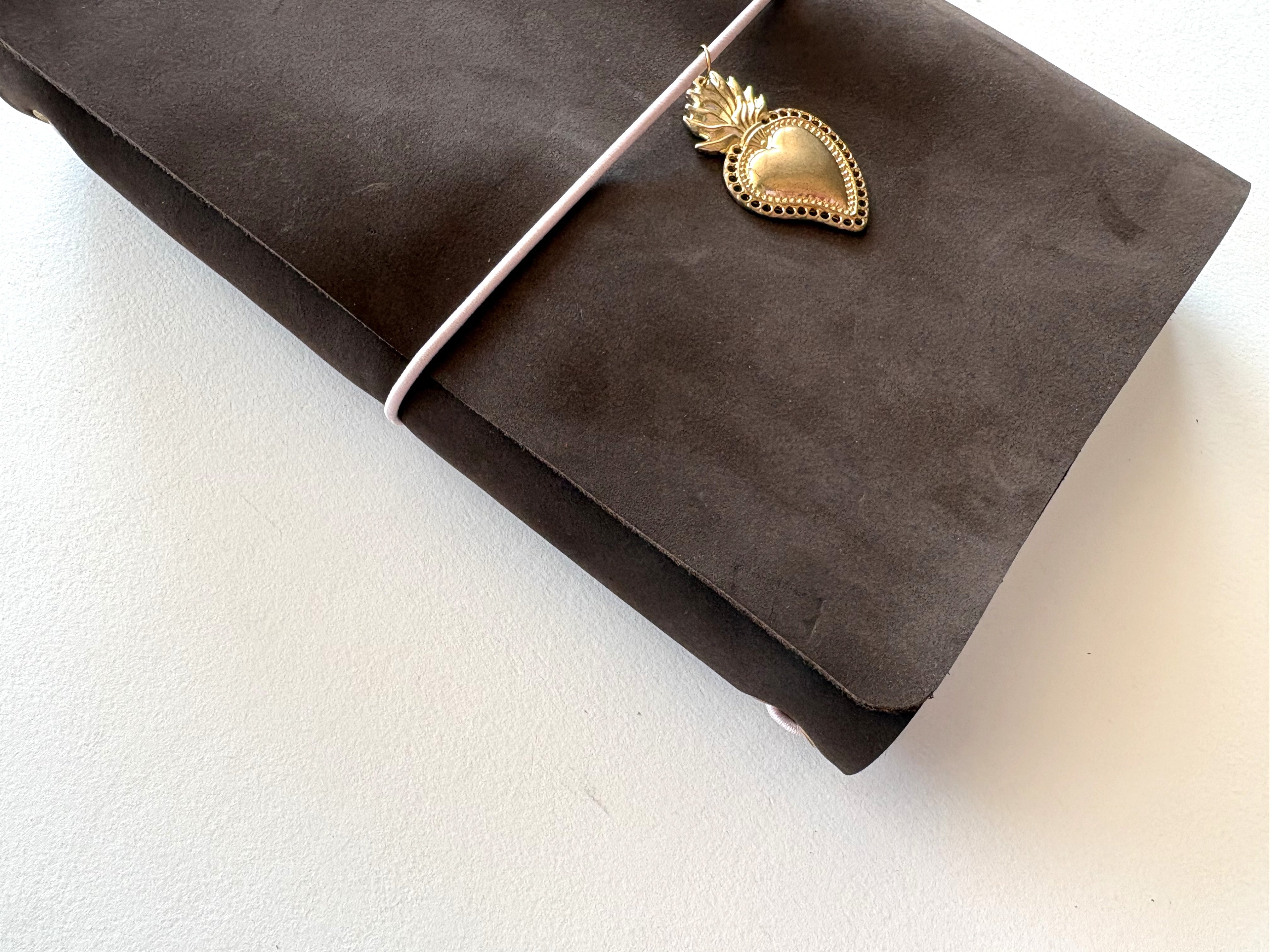 Dark Brown Nubuck + Pink Cord + Heart Charm A5 Bifold
